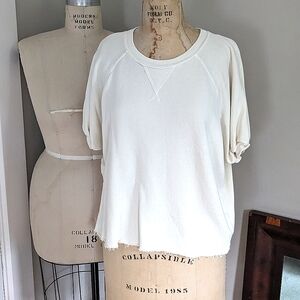 The Great Slouch Puff Sleeve Raw Hem Cropped Sweatshirt Raglan Crew